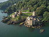 An aerial view of the historic 16th century Dartmouth Castle, in the mouth of the River Dart, at Dartmouth, on the south coast of Devon, England, United Kingdom, Europe