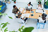 High angle view of business people discussing work gathered in office