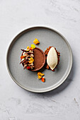 Chocolate & spiced pumpkin tart, buttered pecans, salted chocolate crumb, beurre noisette ice cream