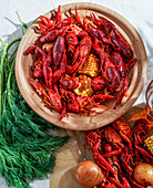 Crawfish party, boiled Louisiana, with corn on the cob, potatoes. Crawfish cooked in Cajun spices and herbs.with beer, New Orleans, Classic Cajun or Creole cuisine