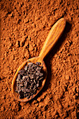 Dark chocolate pieces on a wooden spoon laying on a layer of cocoa powder.