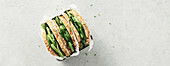 Healthy sandwich flat lay with space for your text. Vegan eating, eco friendly, zero waste concept copy space