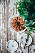 A bundt cake on a wooden table