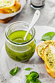 Fresh homemade Basil Oil with garlic bread