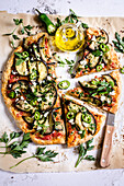 Pizza with aubergines and feta cheese