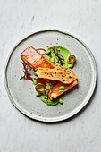 Grilled salmon fillet, miso potato gratin, edamame & leek cream, sesame tuile