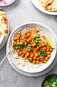 Chickpeas curry served with rice.