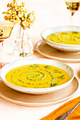Carrot Red Lentil Soup with Carrot Top Pesto