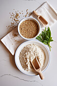 Buckwheat groats and flour ingredients on white marble background. Top down flatlay.