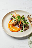 Stuffed courgette flowers, carrot puree, salsa verde, charred asparagus, quinoa and lentils