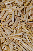 From above of heap of fresh tasty roots of spicy horse radish placed on stall in local grocery farmer market