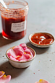 Rose petals with strawberry, rhubarb and rose compote