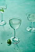 Trockener Martini mit Limette auf salbeigrünem Hintergrund