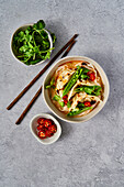 Vegetable gyoza noodles with sugar snaps, coriander and chilli on grey surface
