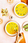 Red carrot and lentil soup with carrot pesto