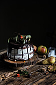Pear and chocolate cake in a rustic kitchen