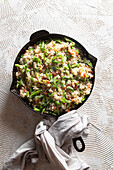 Fried rice with bacon and mangetout
