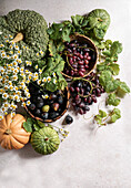 Herbstkomposition, Trauben, Feigen, Kürbis, Draufsicht, Konzept von Halloween, Thanksgiving