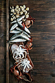 Seafood board with crabs, sardines and clams, fish and octopus on a dark wooden background. Top view, close up