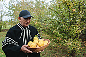 Ernster älterer männlicher Gärtner in Mapuche-Kleidung und Mütze steht mit einer Schale Quitten während der Erntezeit in Temuco