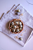 Japanese Jumbo Quail Eggs Top Down Flatlay.