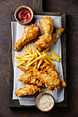 Fried breaded chicken legs fast food with popular sauce on brown background