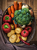 Vegetables in a basket. View from above