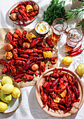 Crawfish party, cooked Louisiana, with corn on the cob, potatoes. Crawfish cooked in Cajun spices and herbs.with beer, New Orleans, Classic Cajun or Creole cuisine
