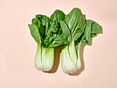 Bok choy cabbage in sunlight top view on warm beige background