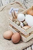 A charming arrangement of white and speckled eggs in a rustic wooden basket adorned with a "Happy Easter" tag, set upon a burlap background.