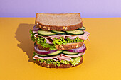 Delicious sandwich with tomatoes, cheese slices and fresh vegetables on colorful background