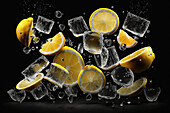 Background of beautiful fruit slices on frozen surface with water and black background. Generative AI