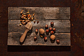 Top view of wooden board with dried walnuts and hazelnuts placed near wooden squeezer against dark background