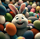 From above Generative Ai illustration of funny Easter bunny looking at camera near bright colorful egg candies on colorful background