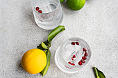 Ein raffinierter Gin-Tonic-Cocktail mit Zitrone und roten Beeren, serviert auf einer strukturierten Oberfläche mit frischen Zitrusfrüchten im Blick