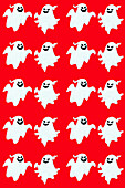 Nahtlose Vektor-Illustration von lächelnden Cartoon-Geistern in parallelen Reihen vor lebhaftem roten Hintergrund