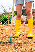 Anonymous gardener in casual clothes with rubber boots standing near wooden fence in countryside at daylight