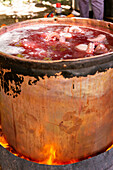 close-up view of a rustic pot filled with boiling water and fresh octopus tentacles, set over an open flame with a vibrant fire underneath