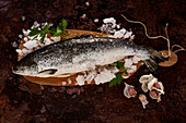 Top view of fresh uncooked fish with ice and green leaves on rocky surface