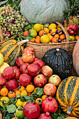 Assortment of fresh fruits and vegetables arranged in baskets and displayed on a grassy surface, with apples, oranges, pomegranates, and various types of pumpkins prominently featured.