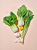 Bok choy cabbage in sunlight top view on warm beige background