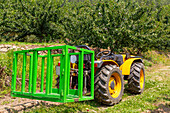 Gelber Traktor mit speziellem grünem Metall-Hydraulik-Harvester auf einem Acker an einem sonnigen Tag
