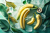 Background of beautiful bananas slices on frozen surface with ice shapes. Generative AI