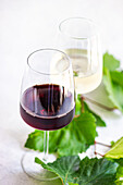 Wine glasses Saperavi red and Kisi dry white one of the most popular wine varieties in Georgia on concrete white background