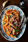 A rustic plate of penne pasta covered in rich tomato sauce, sprinkled with parmesan and fresh basil leaves, illuminated by natural light