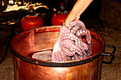 Crop hand lifts a freshly boiled octopus from a rustic copper pot, with gas canisters and outdoor surroundings faintly visible in the background.