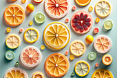 Background of beautiful fruit slices on frozen surface with ice shapes. Generative AI