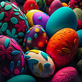 Bright colorful Easter eggs with ornaments and patterns on dark surface during holiday
