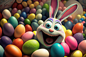 From above Generative Ai illustration of funny Easter bunny looking at camera near bright colorful egg candies on colorful background
