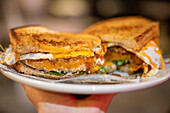 Cropped unrecognizable person holding ceramic plate with toasted sandwich cut in half, revealing a fried egg, melted cheddar cheese, and fresh arugula on whole grain bread